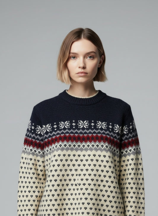 Close-up of the model wearing Lands End peysa (S)