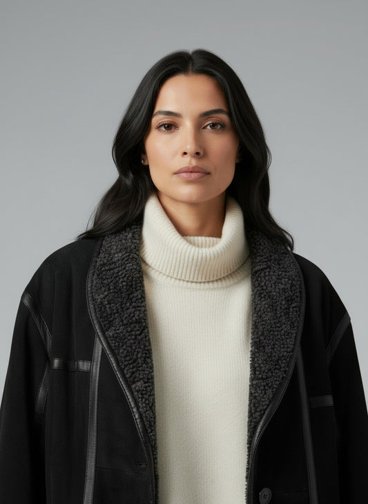 Close-up of the model wearing Rigany jakki (M)