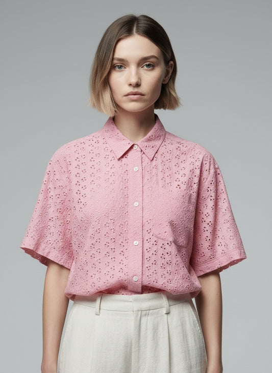 Close-up of the model wearing Reclaimed Vintage skyrta (M)