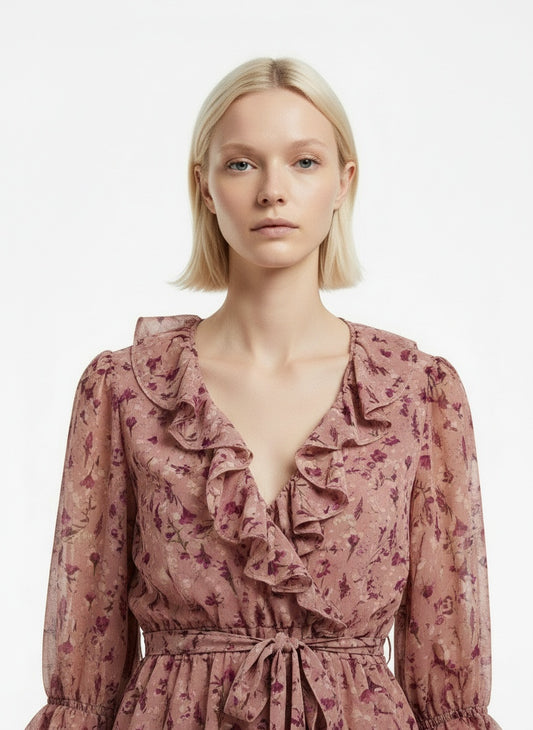 Close-up of the model wearing Vintage kjóll með blómamunstri (S)
