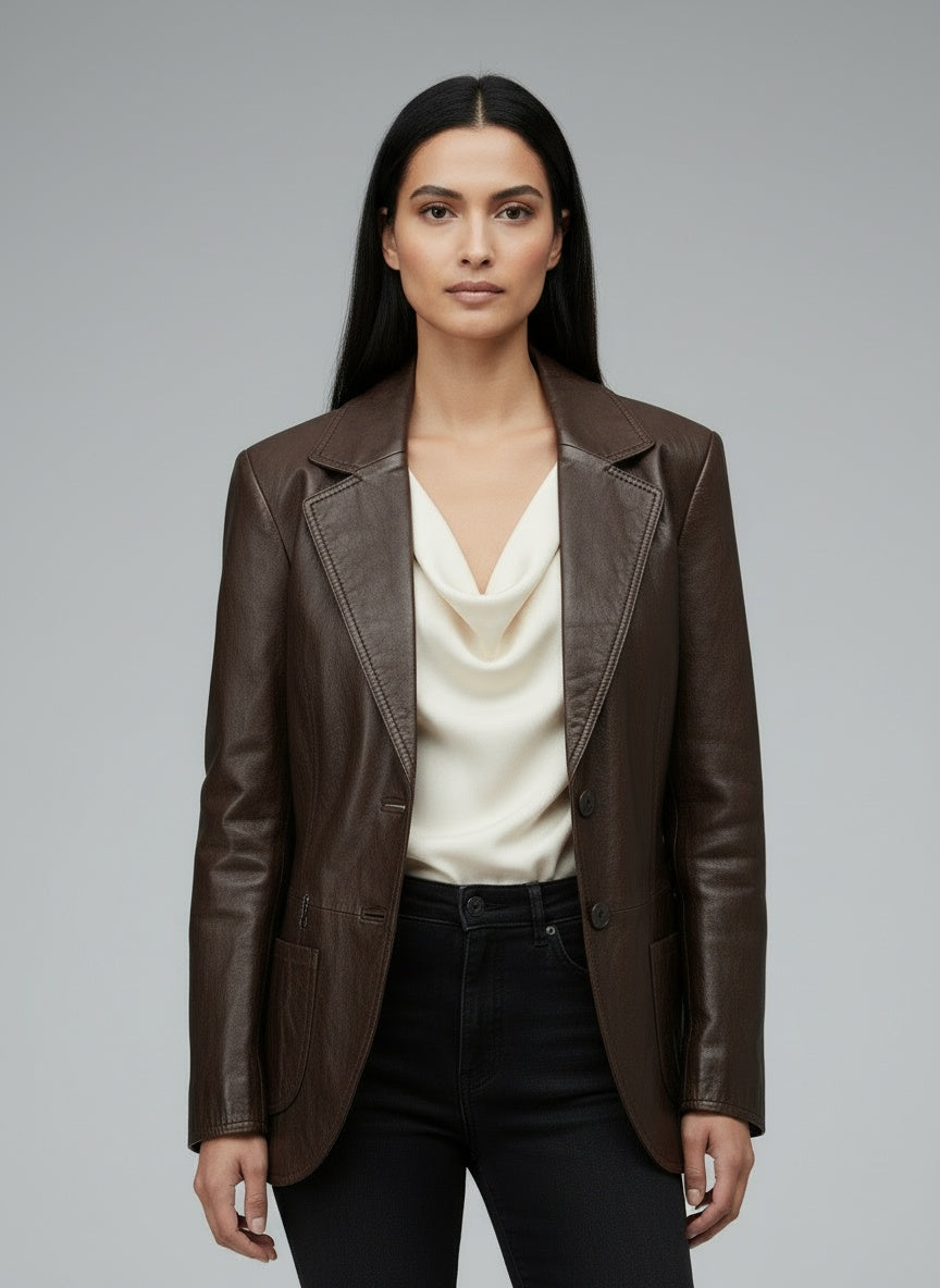 Close-up of the model wearing Bonita leðurjakki (XL)