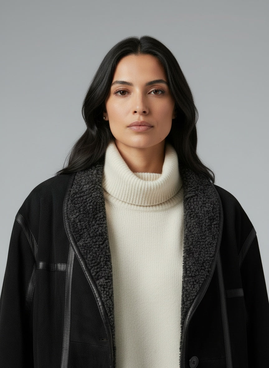 Close-up of the model wearing Rigany jakki (M)