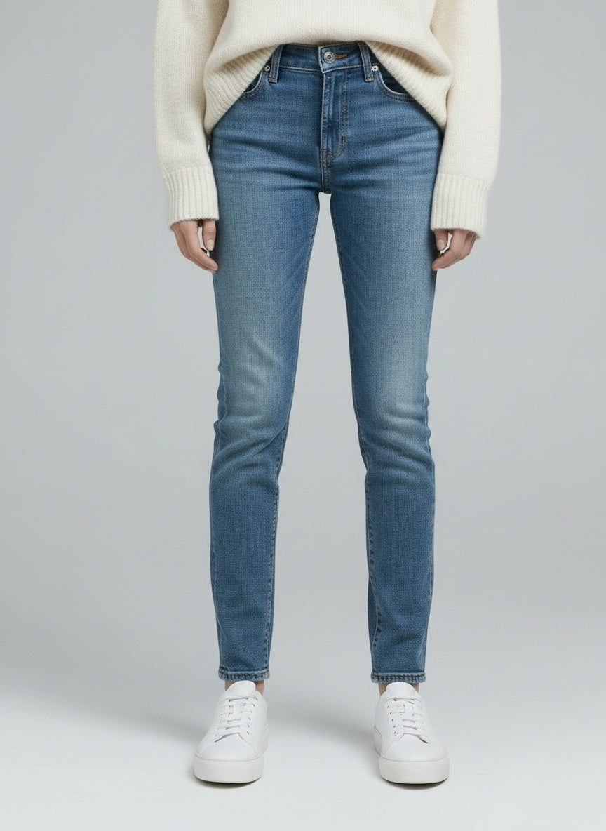 Close-up of the model's lower body wearing Levi's 511 gallabuxur (W29L32)