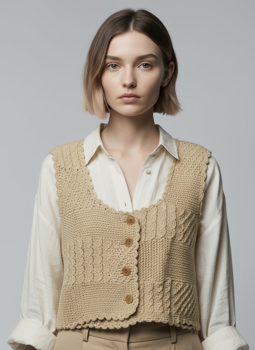 Close-up of the model wearing Vintage stutt vesti (M)
