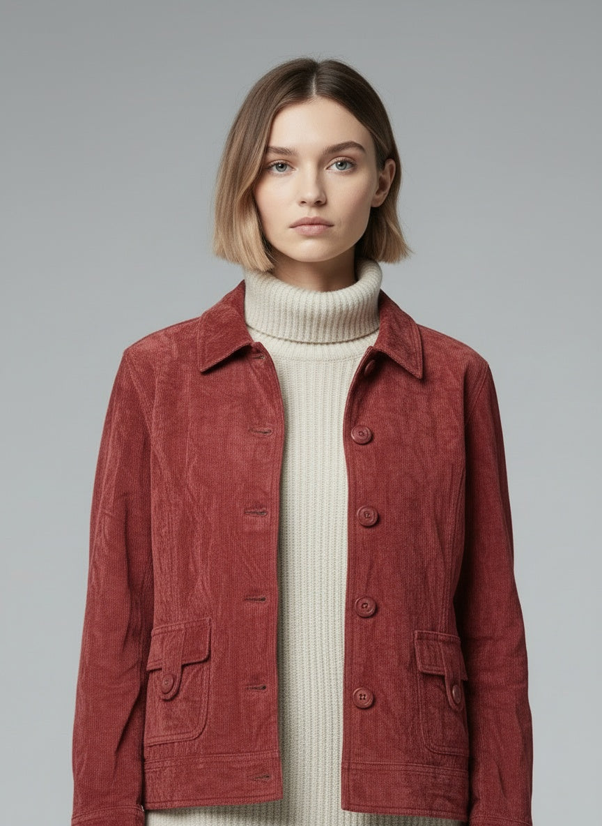 Close-up of the model wearing Vintage rússkinnsjakki (L)