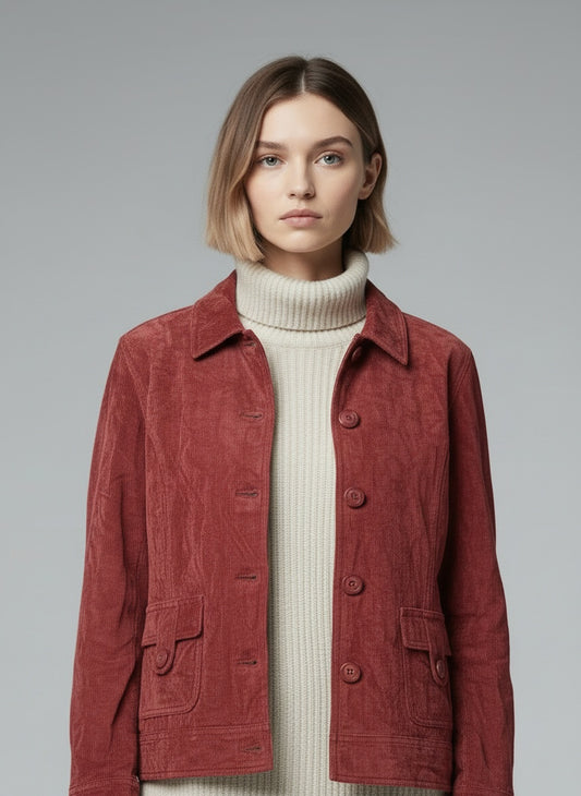 Close-up of the model wearing Vintage rússkinnsjakki (L)
