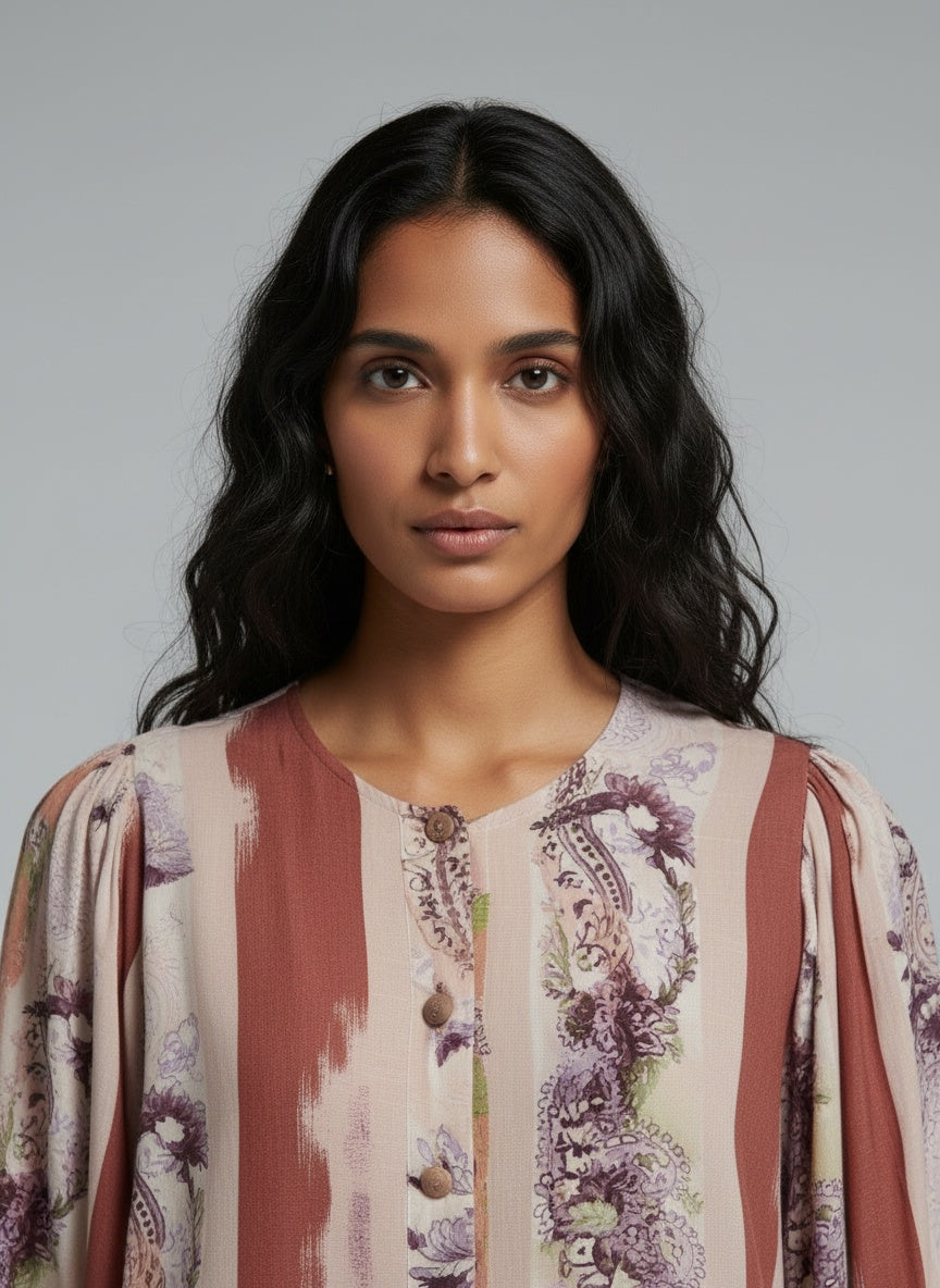 Close-up of the model wearing Vintage blússa 1/2 ermar (S/M)