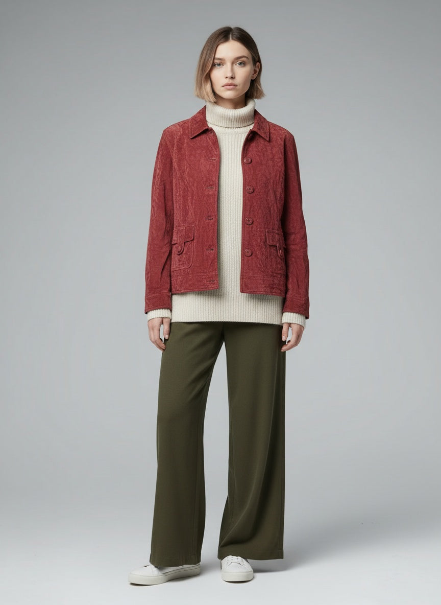 Full body view of the model wearing Vintage rússkinnsjakki (L)