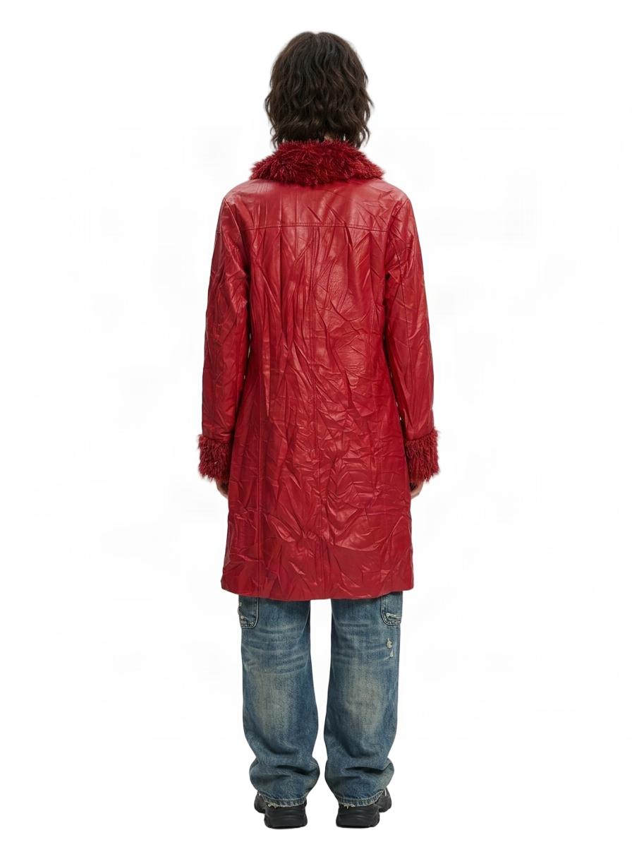 Rauður vintage frakki með loðkraga (M/L)