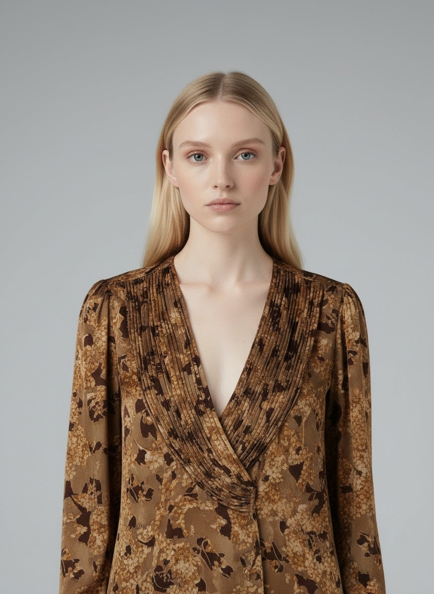 Close-up of the model wearing Vintage blússa (L)