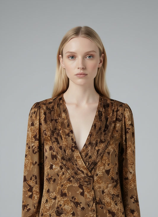 Close-up of the model wearing Vintage blússa (L)