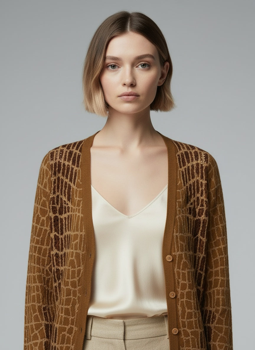 Close-up of the model wearing Roberta Puccini peysa (M)