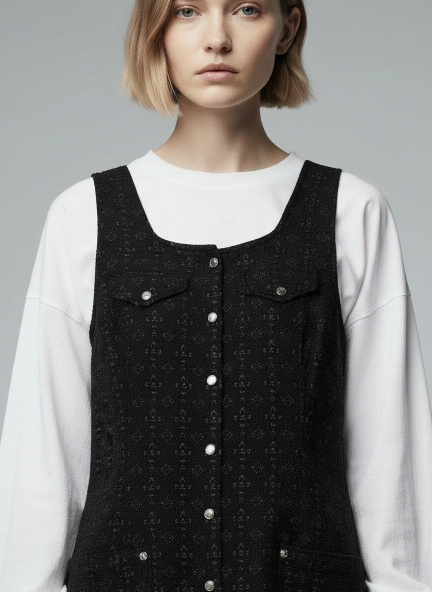 Close-up of the model wearing Vintage ermalaus kjóll (M)