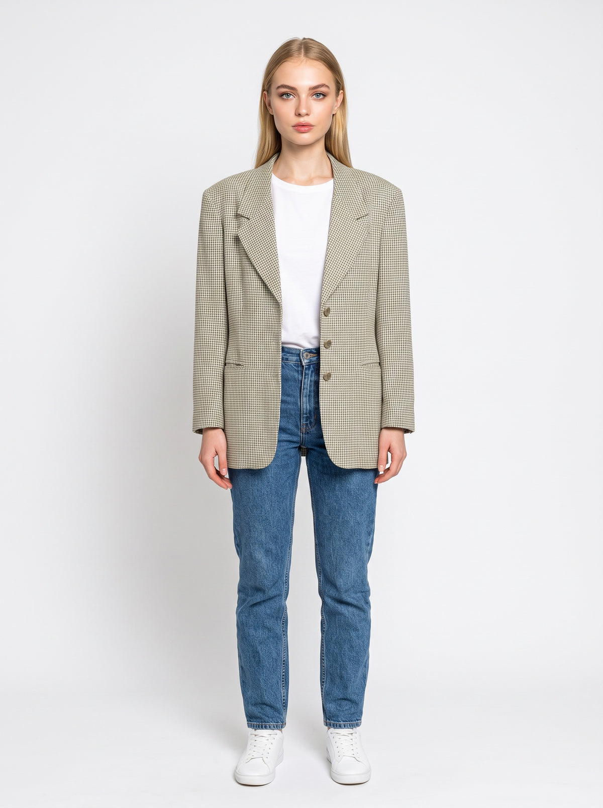 Köflóttur blazer í ljósum tónum (M/L)
