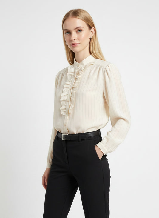 Kremlituð vintage blússa með pífum (L)