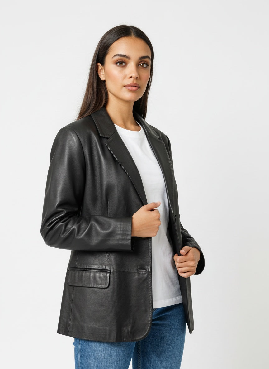 Svartur vintage leðurjakki í blazer-sniði (M/L)