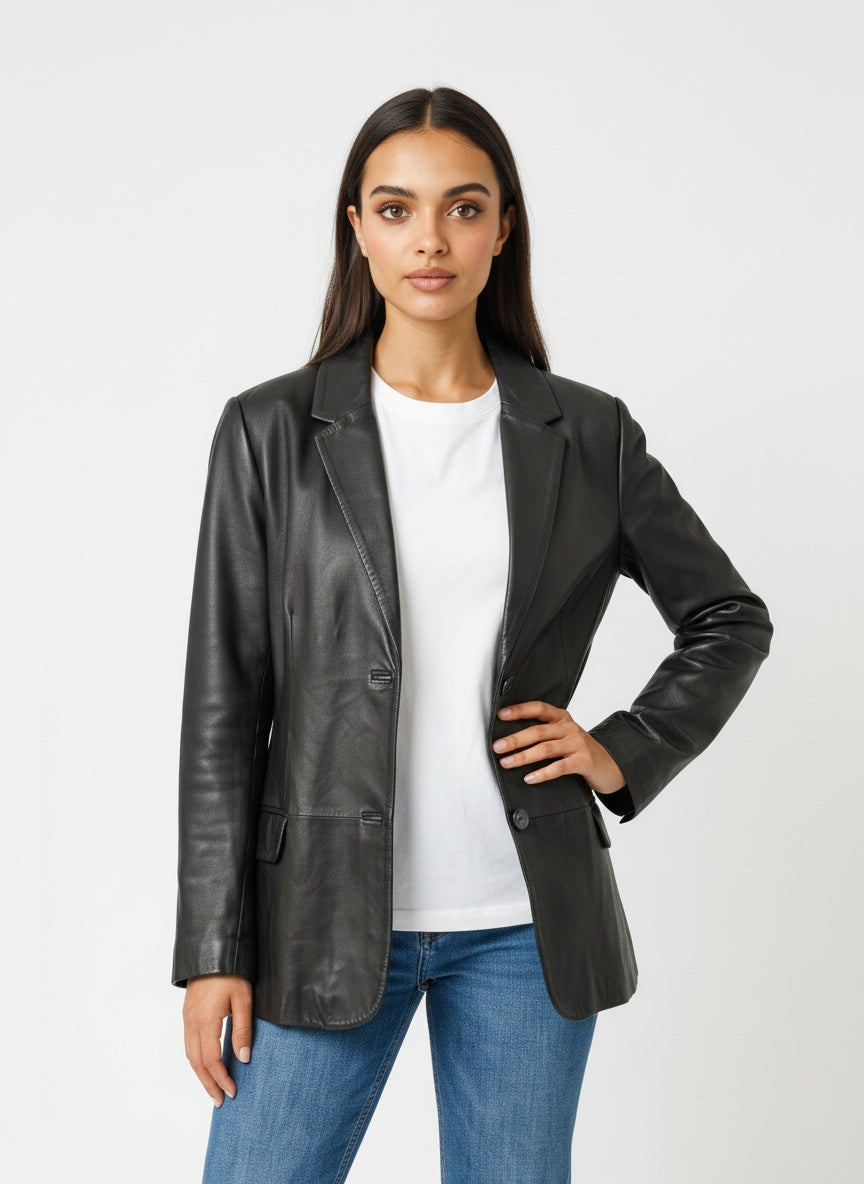 Svartur vintage leðurjakki í blazer-sniði (M/L)