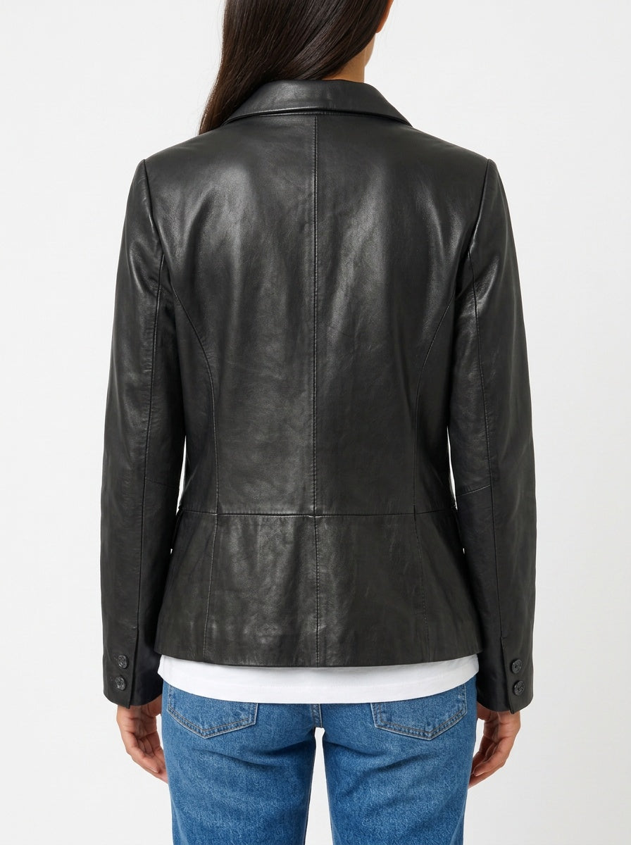 Svartur vintage leðurjakki í blazer-sniði (M/L)
