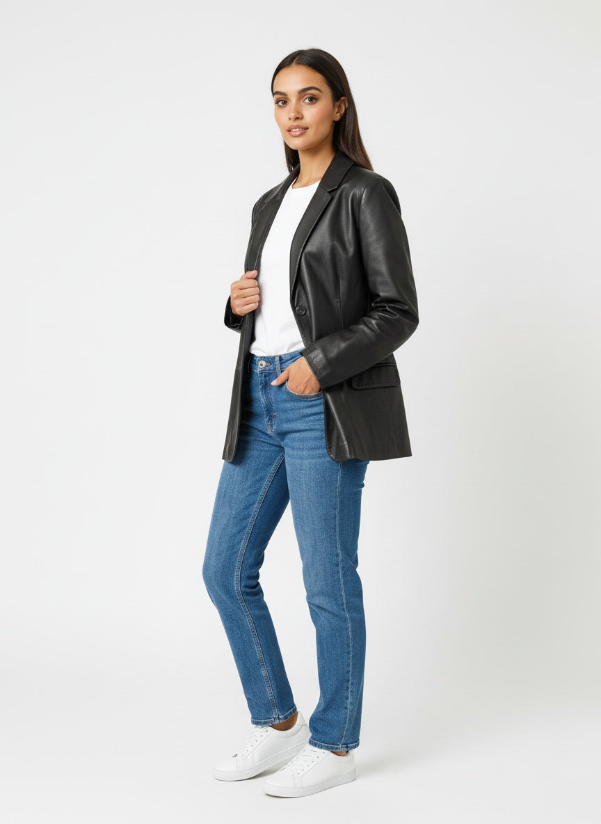 Svartur vintage leðurjakki í blazer-sniði (M/L)