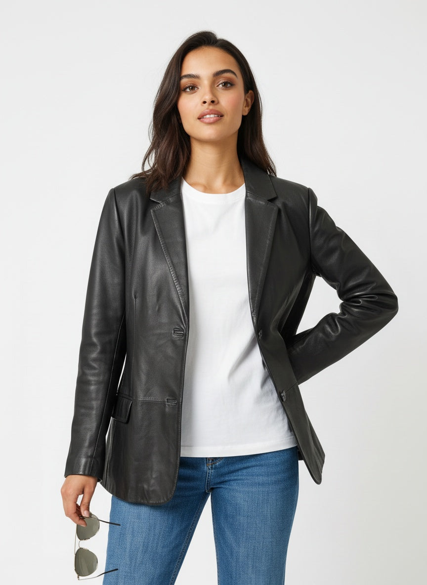 Svartur vintage leðurjakki í blazer-sniði (M/L)