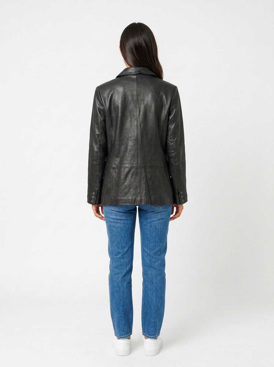 Svartur vintage leðurjakki í blazer-sniði (M/L)
