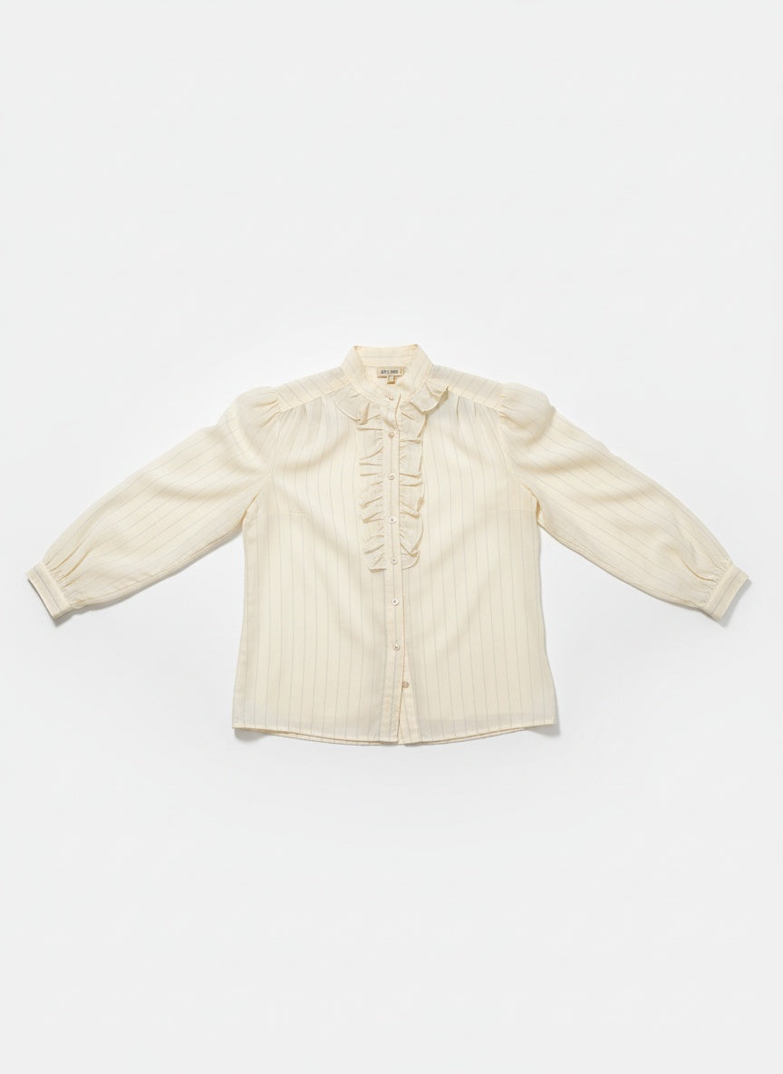 Kremlituð vintage blússa með pífum (L)