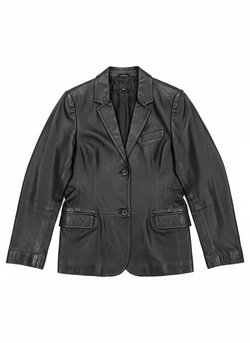 Svartur vintage leðurjakki í blazer-sniði (M/L)