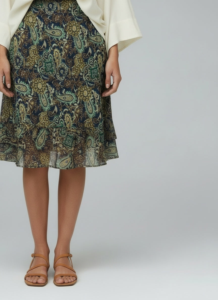 Close-up of the model's lower body wearing Vintage midi pils (L)