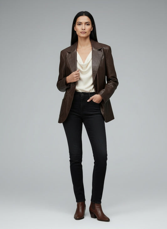 Full body view of the model wearing Bonita leðurjakki (XL)
