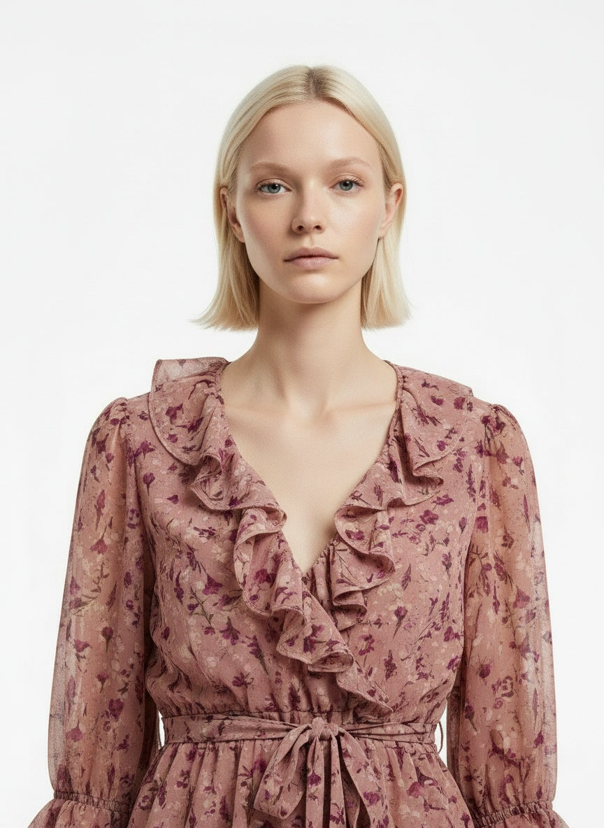 Close-up of the model wearing Vintage kjóll með blómamunstri (S)