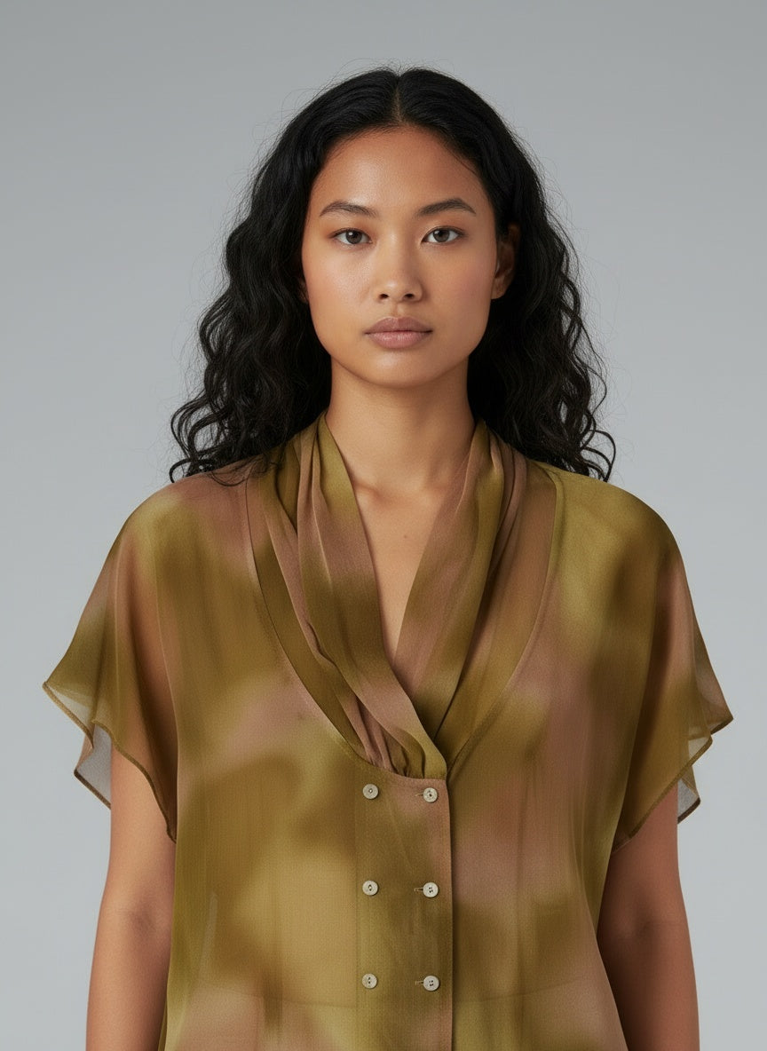 Close-up of the model wearing Vintage gegnsæ blússa (M)